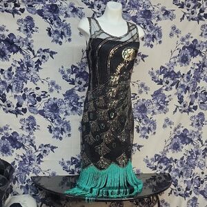 Chic Black and Green Beaded Mini Dress